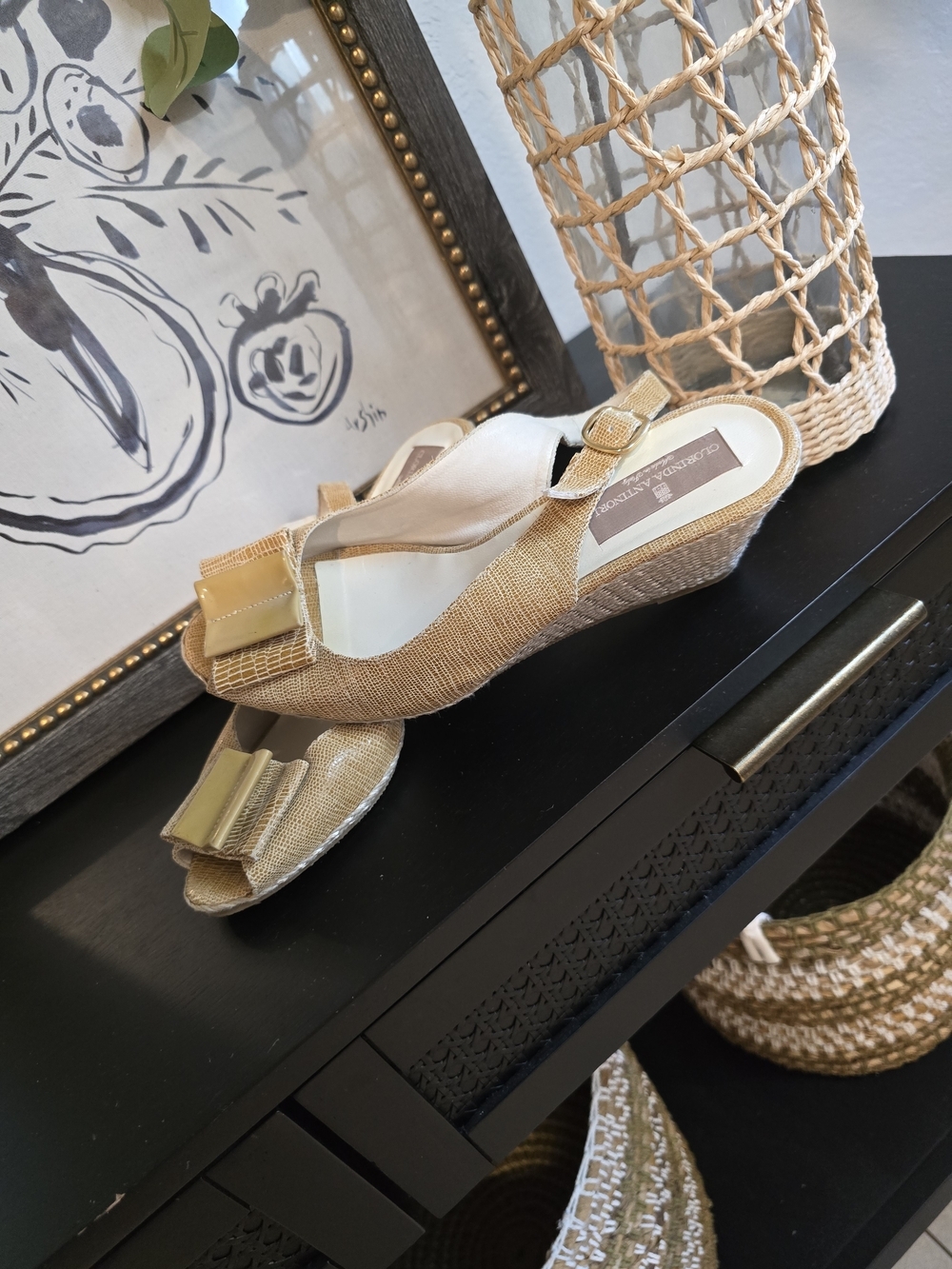 Woven Gold Bow Wedge Espadrilles Sandals